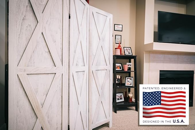 Premium Home 4-Panel Room Divider – Rustic White Barn Door, X Pattern Folding - Image 2