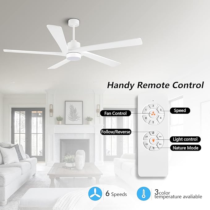 WINGBO 72 Inch DC Ceiling Fan with Lights and 3 Downrods, 5 Reversible Carved Wood Blades, 6-Speed Noiseless DC Motor, Modern Ceiling Fan in White Finish, ETL Listed
