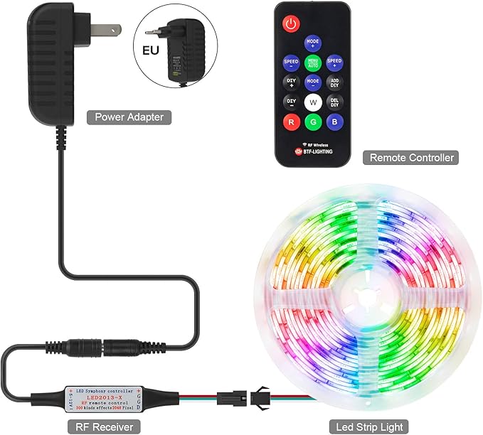 BTF-LIGHTING WS2811 WS2812B 1903 DC5/12V 14keys Wireless RF RGB LED Controller 300 Kinds of Changes Digital Color LED Pixel Strip modules Input=Ouput Voltage Perfect for DIY Project Black
