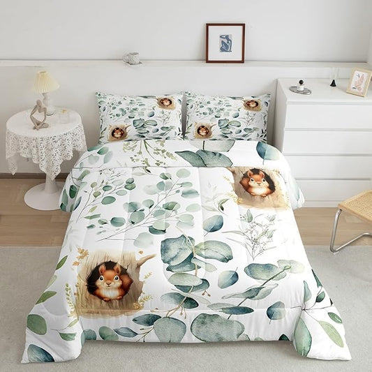 Erosebridal Kawaii Squirrel Bedding Twin for Boys Girls Cartoon Animal Comforter Set Twin, Eucalyptus Leaves Duvet Insert Jungle Wildlife Quilt Comforter, Tropical Plants Bedding Comforters & Sets