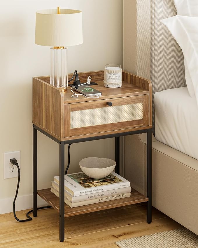 Nightstand with Charging Station, 3-Tier Bedside Table by Apetaccat