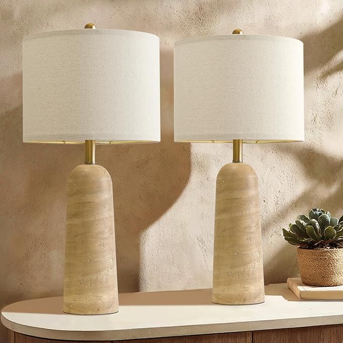 BOBOMOMO 27.25" Modern Table Lamp Set of 2, Warm Beige Resin Lamp with Natural Stone Look, Lamps for Living Room with Linen Shades, Bedside Lamp for Bedroom, Living Room, Nightstand, Entryway