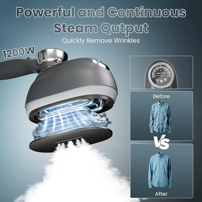 Killrose Steamer for Clothes, 2 in 1 Clothes Steamer Handheld, 1200W Steam Iron, 3 Level Thermometer Display Dashboard Travel Iron, 180° Rotatable Portable Handheld, 15s Heat Up, Water Tank, 120V