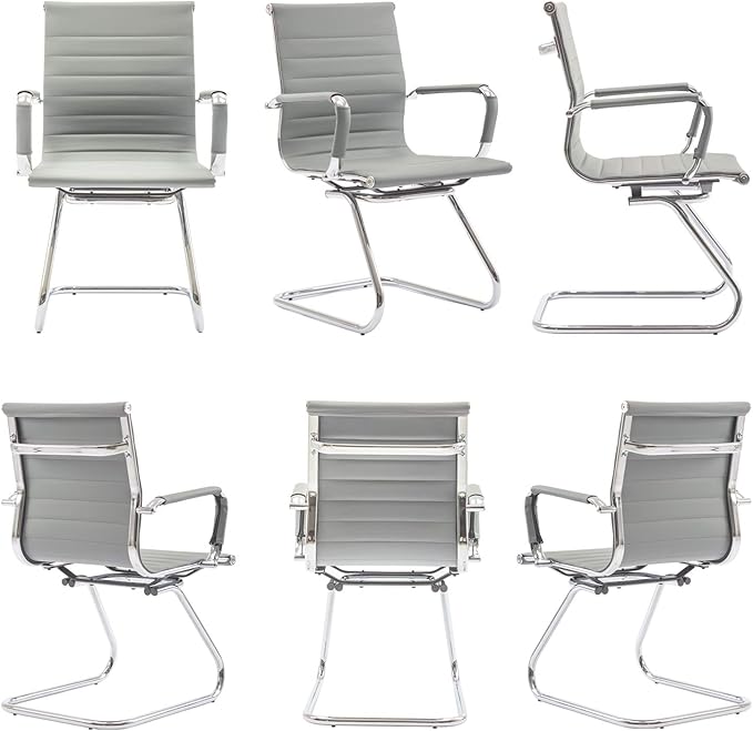 Wahson Office Guest Chairs Set of 10, Leather Reception Chairs, Mid Back Waiting Room Chair, Conference Chairs with Sled Base, Desk Chair No Wheels for Meeting/Lobby/Restroom, Grey