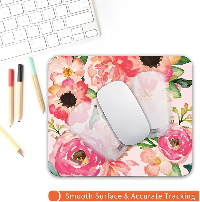 Armanza Square Mouse Pad Pink Watercolor Flower, Personalized Premium-Textured Custom Mouse Mat Design, Washable Mousepad Cloth, Non-Slip Rubber Base Computer Mouse Pads for Wireless Mouse