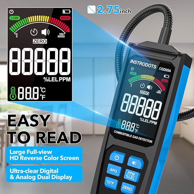 INSTRODOTS Natural Gas Detector, Gas Leak Detector with Audible & Visual Alarm, Rechargeable Gas Sniffer with 11.3-inch Gooseneck, Locating Propane, Natural Gas, Combustible Gas Leak for Home and RV