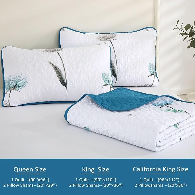 Dinjoy King Quilt Set, 3 Pieces Teal Boho Bedspreads, Fall Flower Bedding | - Image 6