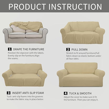 Easy-Going Stretch Sofa Slipcover 1-Piece Sofa Cover Furniture Protector Couch Soft with Elastic Bottom for Kids, Polyester Spandex Jacquard Fabric Small Checks (Sofa, Beige)