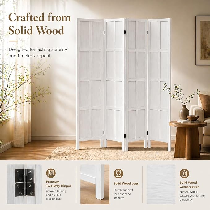 4 Panel Solid Wood Room Divider Folding Privacy Screen White | Freestanding - Image 3