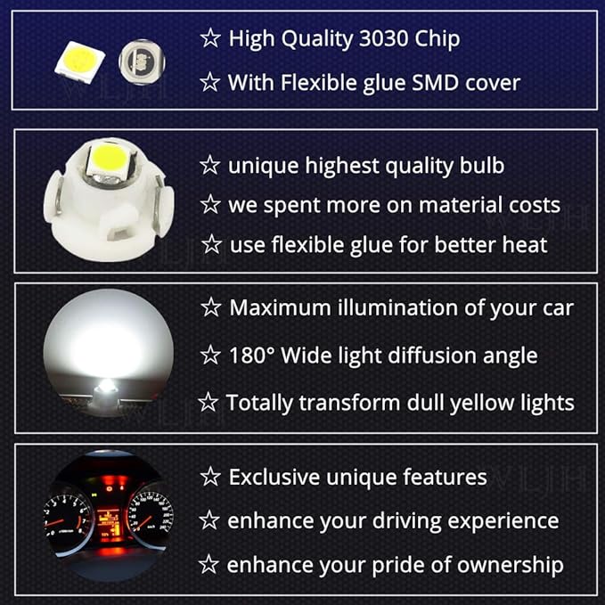 WLJH White Dash Indicator Light A/C Climate Heater Control Switch Led Bulbs Kit Compatible For Camry Corolla Tacoma Matrix, Pack of 10