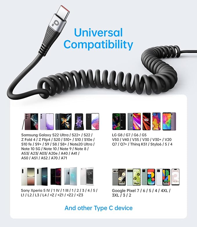 USB Type C Coiled Cable Fast Charging (3FT/5FT), 2Pack Android Auto Charging Cord for Car, Short USB A to USB C Charge Cable Compatible with iPhone 17/16/15/Pro Max/Samsung Galaxy S20 Note 10 and More