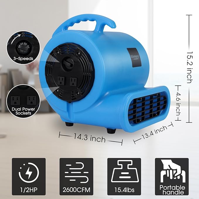 blessny 1/2 HP ETL Listed Carpet Dryer Fan, 2600 CFM Air Blower Mover for Home Drying, 15 Ft Long Cord Portable Floor Blower Fan with 3-Speeds Daisy Chain Function (Blue)