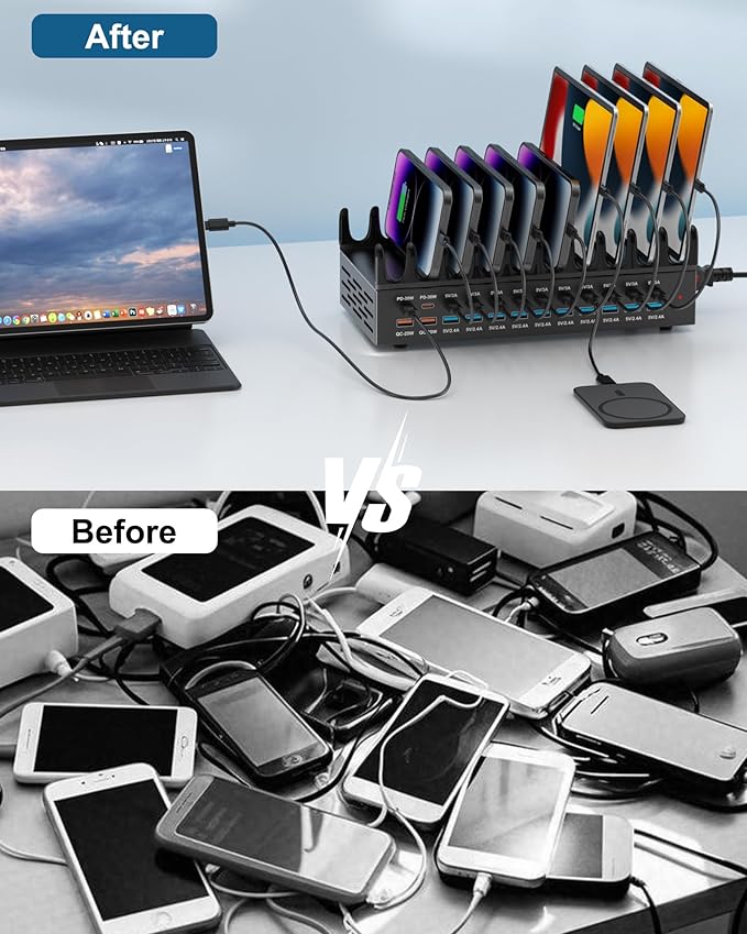380W Charging Station for Multiple Devices - 24 Ports USB Fast Charging Station with 30W Power Delivery, Multi Charger Dock for Phone Tablet, Home, Office, School