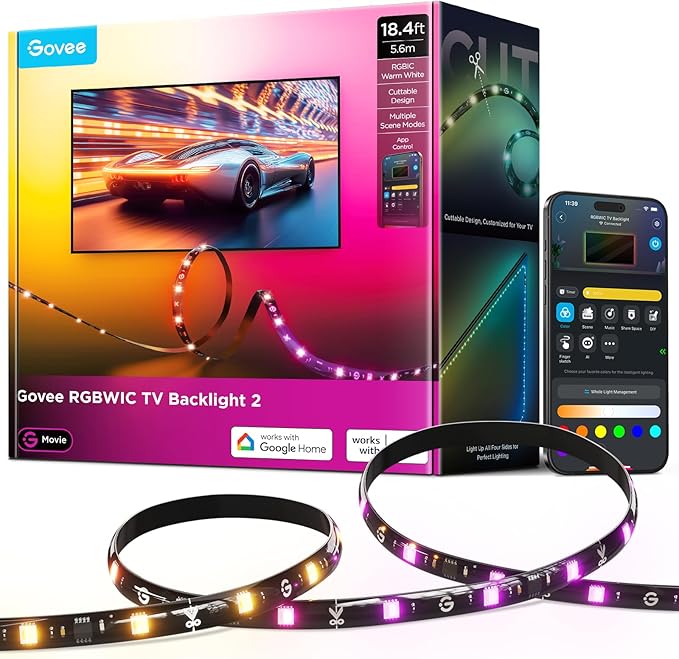 Govee TV LED Backlight 2, 18.4ft Cuttable TV Lights for 32-86 Inch TVs, Color Changing RGBWIC LED Strips Lights with 210+ Scene Modes & Music Sync, Smart APP and Voice Control, Easy Install