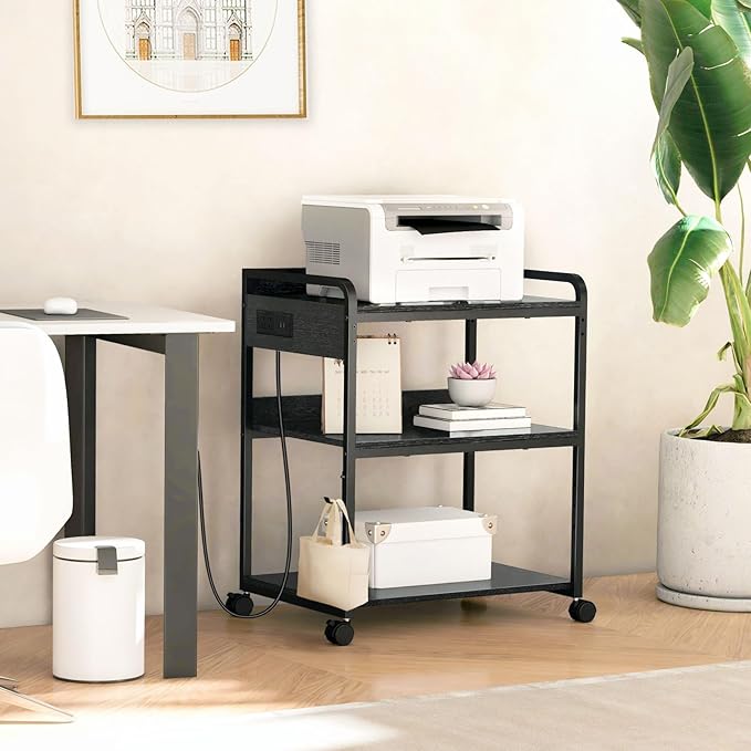 Livofloral Printer Stands with Charging Station, 25.2 x 18.9 Inch Large Printer Stand with Wheels for Home Office, 3 Tier Printer Table with Power Outlet USB Port, Printer Shredder Stand, Black