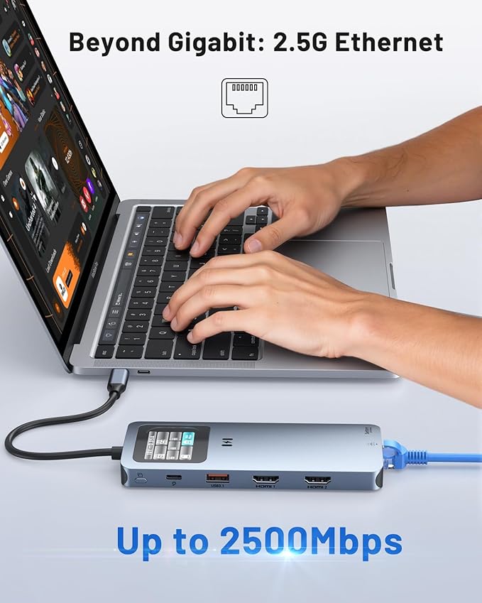 Laptop Docking Station Dual Monitor， 12-in-1 USB C Docking Station with Smart LCD Display, 2 HDMI Ports+100W PD+10Gbps USB-C/A+2.5G Ethernet+SD/TF,Docking Station for Dell/HP/Lenovo Laptop