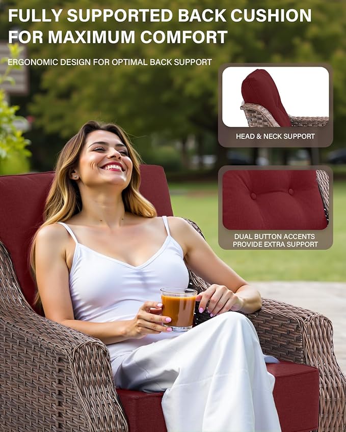 Belord Luxury Wicker Patio Furniture Set with 41” Fire Pit Table - Swivel Rocker Glider Outdoor Chairs with Sofa and Glass Top Side Table, All-Weather Removable 6" Red Seat Cushion for Patio Evenings