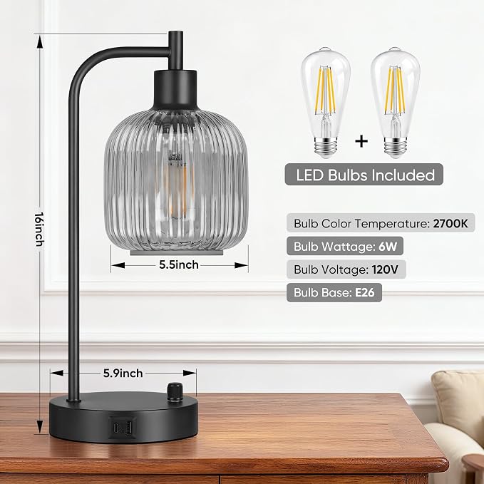 Grey Glass Table Lamps Set of 2, Dimmable Bedside Lamps - Image 3