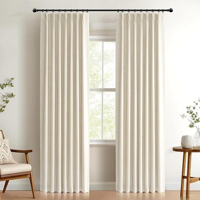 Pinch Pleated Full Blackout Faux Linen Curtains 84 Inches Long | Cream Beige by 100BlackoutShield