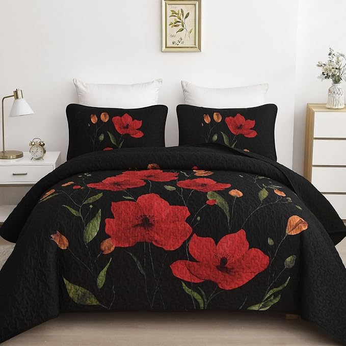Mybedsoul Floral Quilt Set Queen Size, 3 Pieces Black Bedspread Coverlet Set by Mybedsoul