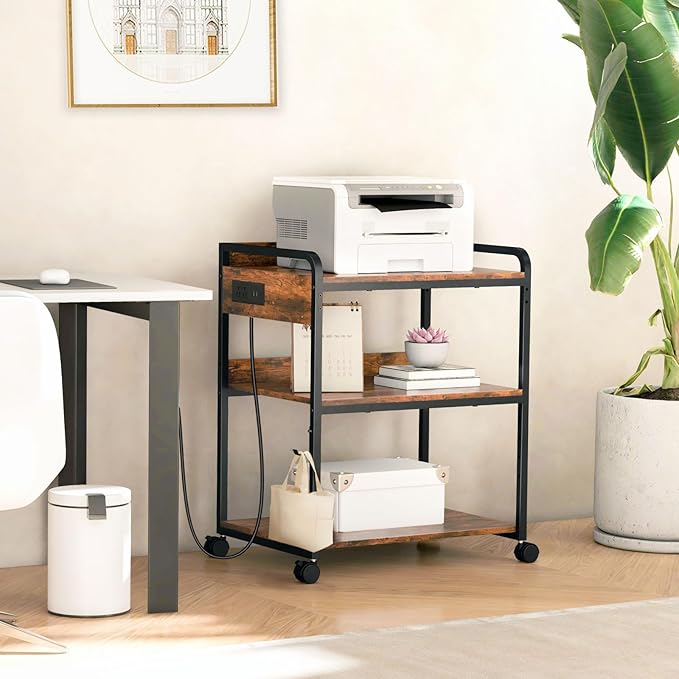 Livofloral 3 Tier Large Printer Stand with Wheels, 25.2 x 18.9 Inch Printer Stand with Power Outlet USB Port, Printer Table with Adjustable Storage Shelf for Home Office, Rustic Brown