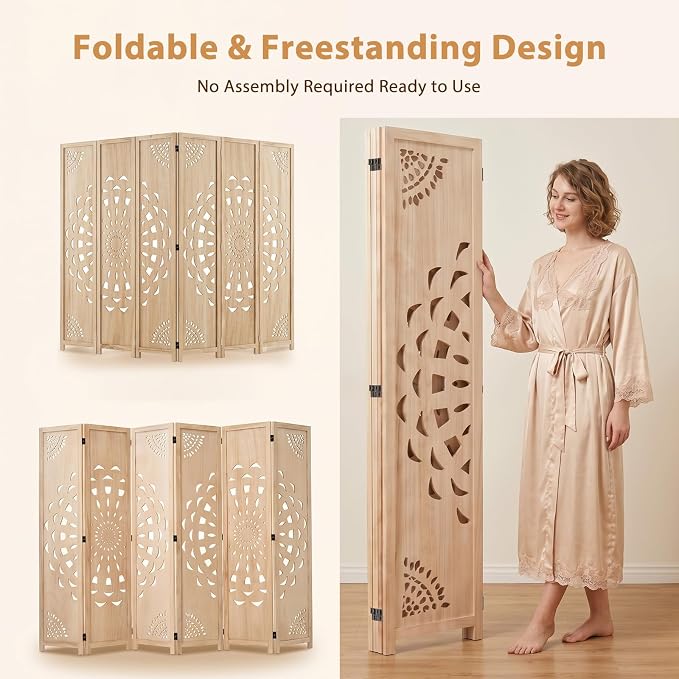 6 Panel Room dividers, 66.9" Boho Double-Sided Carved Screen, Natural | - Image 8