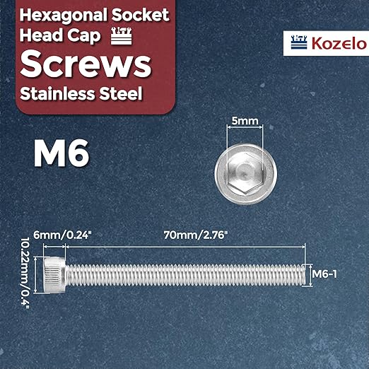 Kozelo 5pcs Socket Head Cap Screws - [M6-1 x 70mm] 304 Stainless Steel Allen Socket Drive for Electrical Motor 3D Printing Fan Engine Replacement Use, Silver