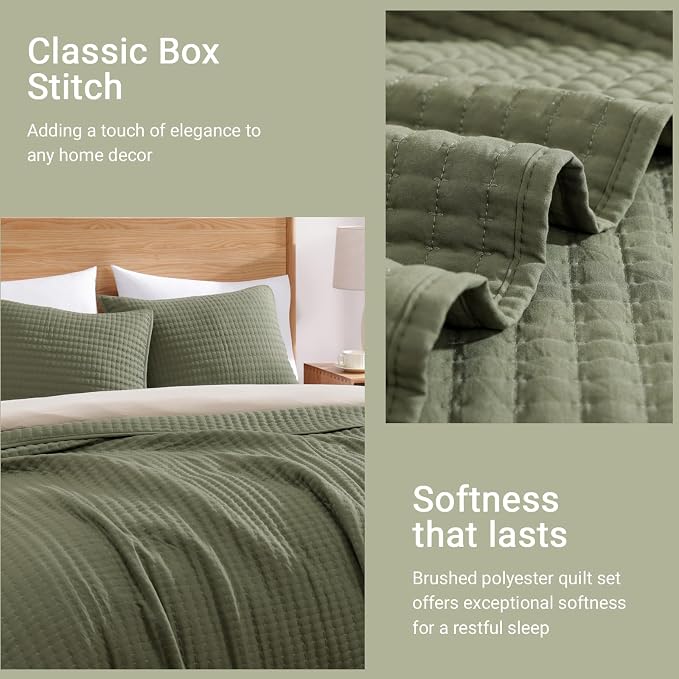 Queen Quilt-Lightweight Bedspreads Olive Green Queen Size Quilt Bedding Set | - Image 9
