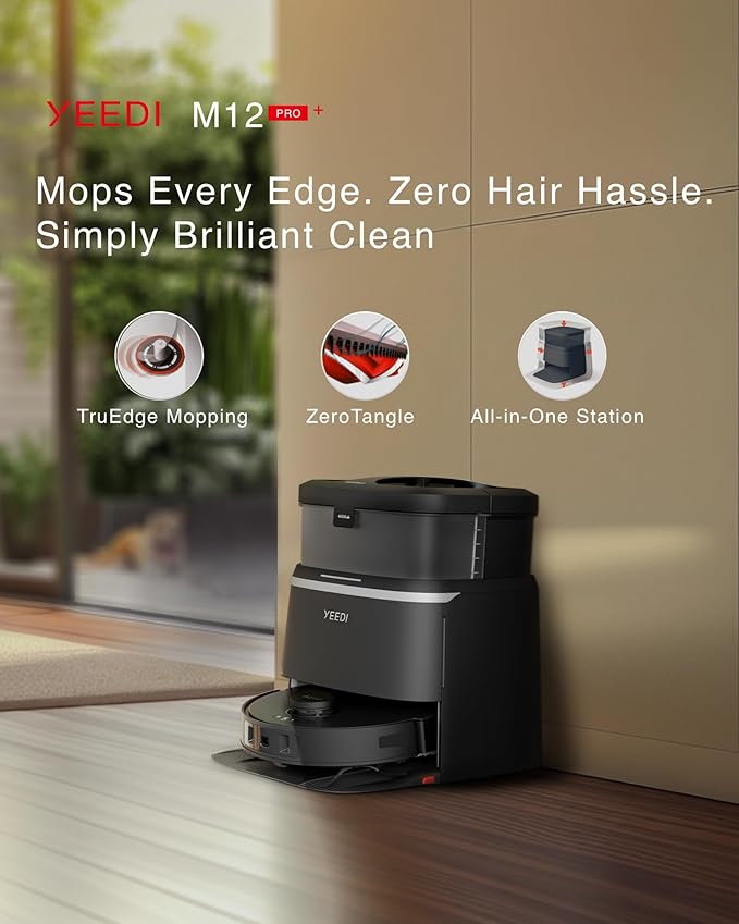 Yeedi M12 PRO Robot Vacuum and Mop Combo, 11000Pa Powerful Suction, ZeroTangle Hair-Free Brush, Auto Mop Washing & Drying, Smart Obstacle Avoidance, Self-Emptying Dock, Ideal for Pet Homes