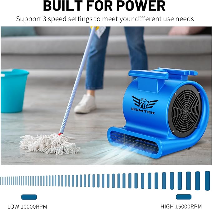 BSMTEK Air Mover Blower Fan, Industrial 1.5HP MAX10000CFM Monster Floor Blower Carpet Dryers - 3 Speeds, 4 Adjustable Angles, 15FT Long Cord, Stackable - 2026 Upgraded