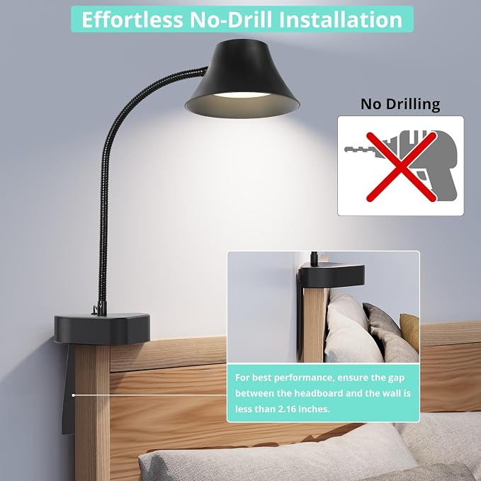 TONYFUL Bed Light for Headboard, Eye Care Reading Lamp, No Drilling Bed Light - Image 2