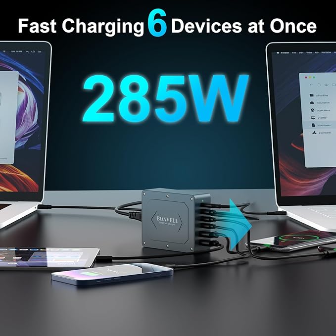 USB C Charger Block, 285W 6-Port GaN Fast Charging Station Hub with 100W Cable, Dual PD 100W Multi-Device USB C Wall Charger Adapter for iPhone 17 16 15, MacBook, Laptop, iPad, Samsung Galaxy and More