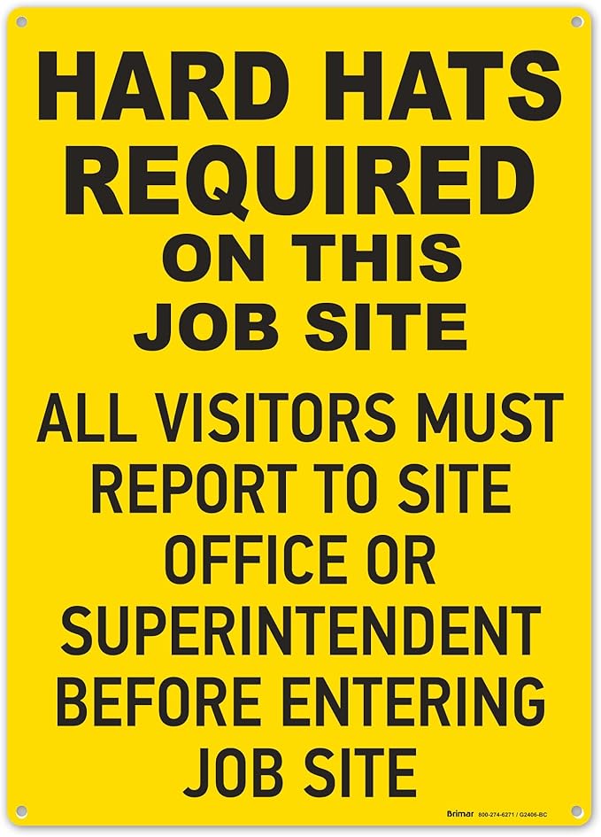 Brimar - 10" x 14" - Hard Hats Required on Job Site Sign - .055″ Polyethylene Plastic - Bold Text - Easy Installation