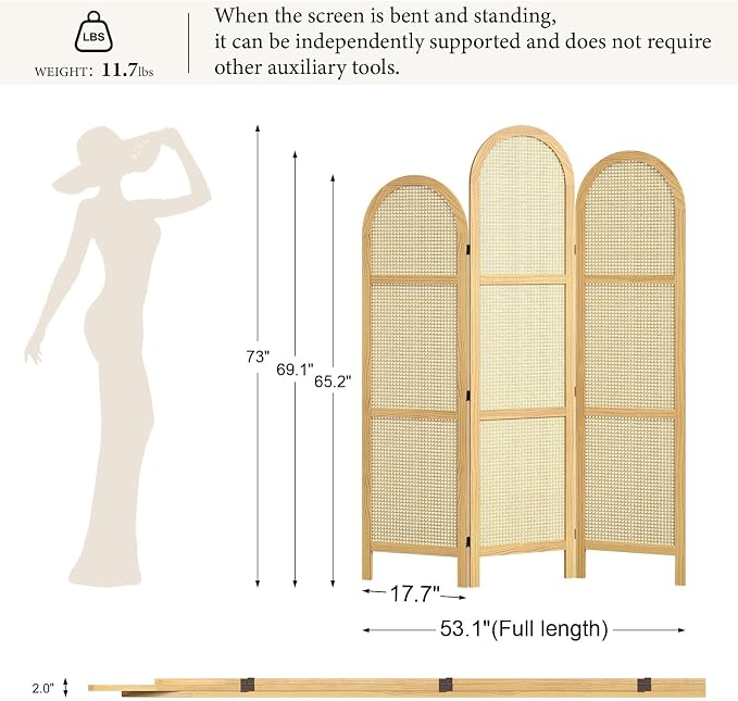 3-Panel Hand-Woven Rattan Room Divider, Tall Foldable Privacy Screen - Image 2