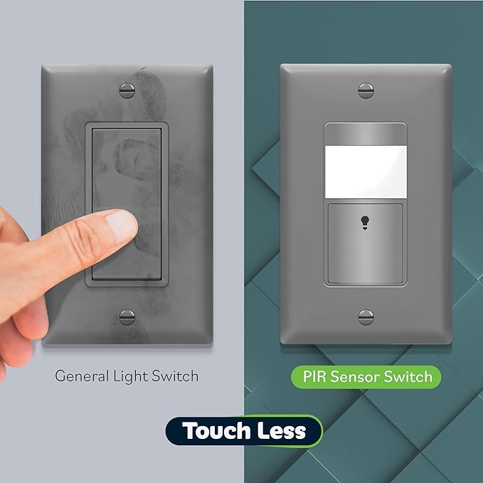 TOPGREENER PIR Passive Infrared Motion Sensor Switch, Ambient Light Level Detector, No Neutral Required, 150W LED/CFL, Occupancy Vacancy Modes, Ground Wire Required, Single Pole, TDOS5-JM, Gray