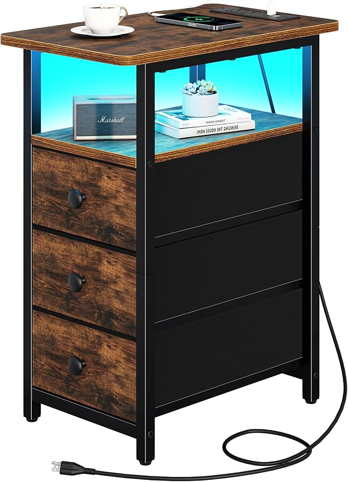 Yoobure End Table with Charging Station, LED Narrow Side Table Bedside Table by Yoobure