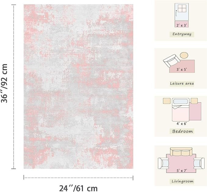 Latte&Fog Washable Entryway 2x3 Pink Area Rug Modern Abstract Kitchen Rug | Low - Image 2