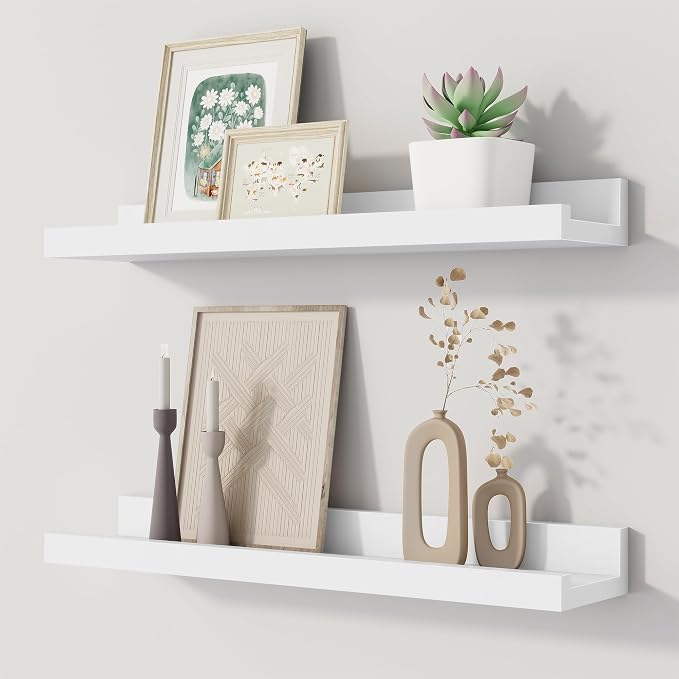 Floating Picture Ledge Shelves Set of 2, 16 Inch Solid Wood Wall Shelves by FunMemories