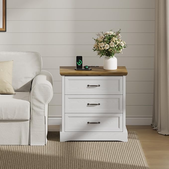 Farmhouse Nightstand with Charging Station and Hidden Drawer, Night Stand - Image 8