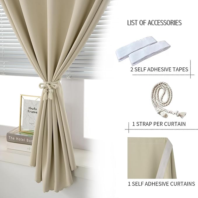 Blackout Curtains with Self Adhesive Tape No Rod No Drill Easy Install Window - Image 2