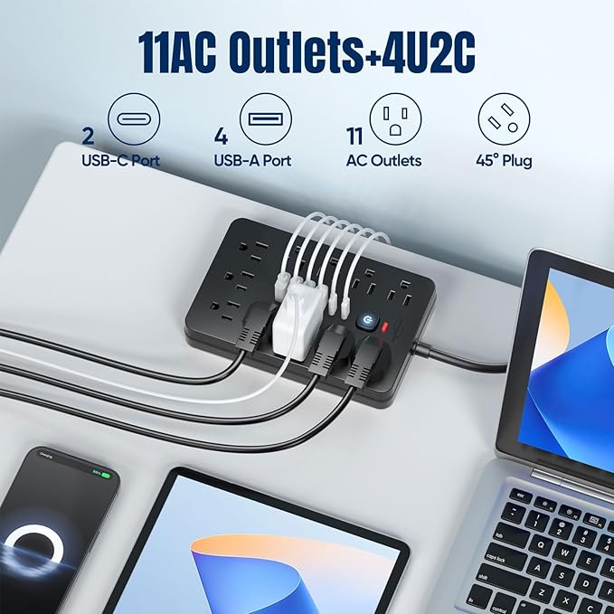 JouleLoom 2PCS 6 FT Flat Plug Surge Protector Power Strip,11 Multiple AC Outlets with 6 USB Ports (2 USB C), 6 Feet Extension Cord, 1250W/10A, One Touch Switch Button, 17 in 1 Compact powerstrip