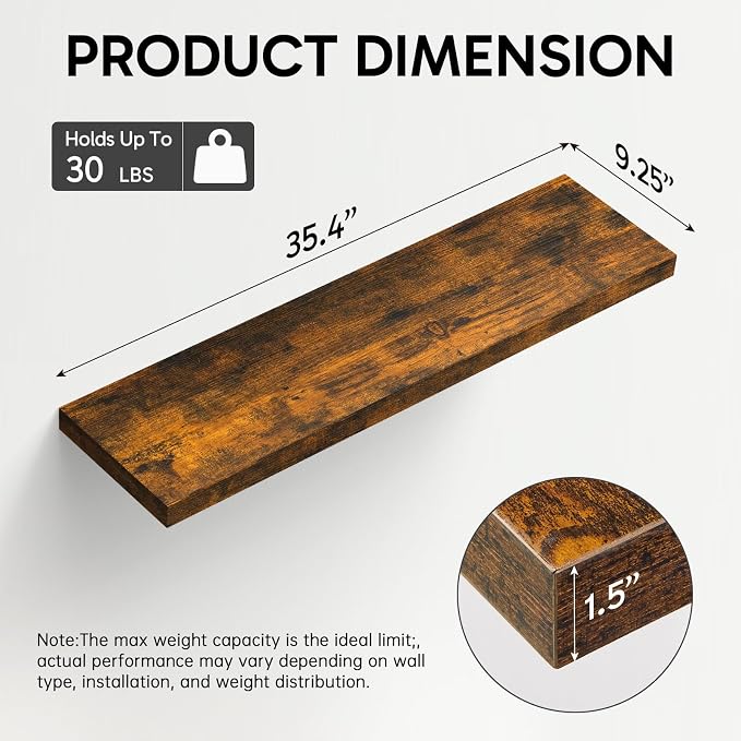 BAYKA Rustic Brown Floating Shelves 35.4in, Wall Mount Wood Shelf | Easy Install - Image 3