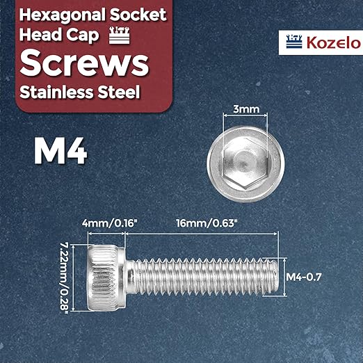 Kozelo 30pcs Socket Head Cap Screws - [M4-0.7 x 16mm] 304 Stainless Steel Allen Socket Drive for Electrical Motor 3D Printing Fan Engine Replacement Use, Silver