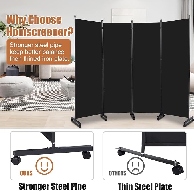 Room Divider 88'' Wide Folding Privacy Screens, 4 Panel Wall Divider w/Wheel | - Image 4