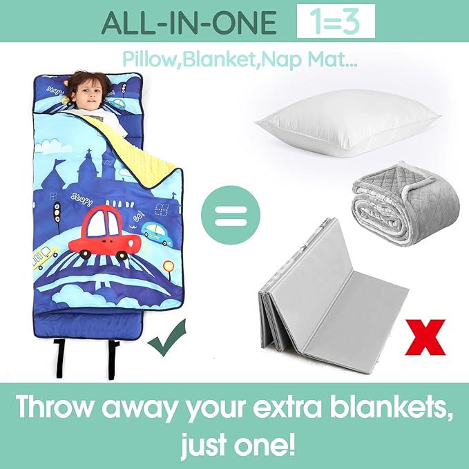 ACRABROS Toddler Nap Mat with Pillow and Blanket, Extra Large Rolled Napping Mats,Slumber Bags for Boys Girls,Kids Sleeping Bag for Daycare, Preschool Travel Camping, Crosswalk Car