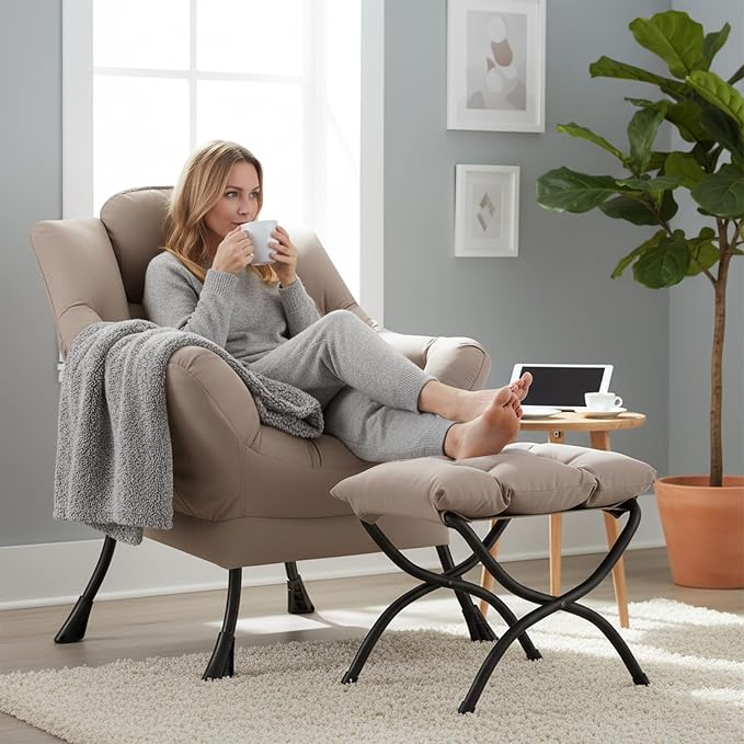 Welnow Lazy Chair with Ottoman, Reading Chair with Footrest，Khaki | A Side - Image 9