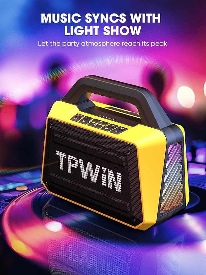 TPWIN Portable Bluetooth Speakers - Wireless Jobsite Speaker 80W Peak, TWS, Light Shows, Loud Speaker with Deep Bass, BT 5.3, IPX6 Waterproof, 20H Playtime for Outdoor Beach Camping Garage - Yellow