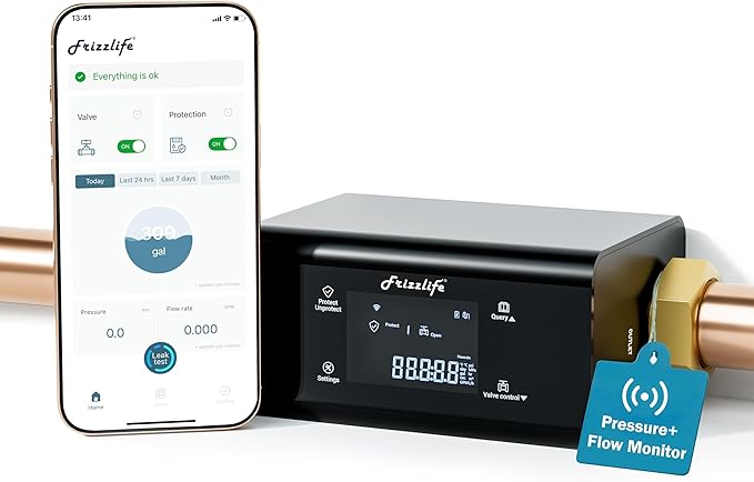 Frizzlife LP365-P Smart Water Monitor and Automatic Shutoff - 0.01 GPM Ultrasonic Micro Leak Detection, Wi-Fi / APP Control, Pressure+Flow Monitoring, 24/7 Water Usage Reports, Fits 3/4" and 1"