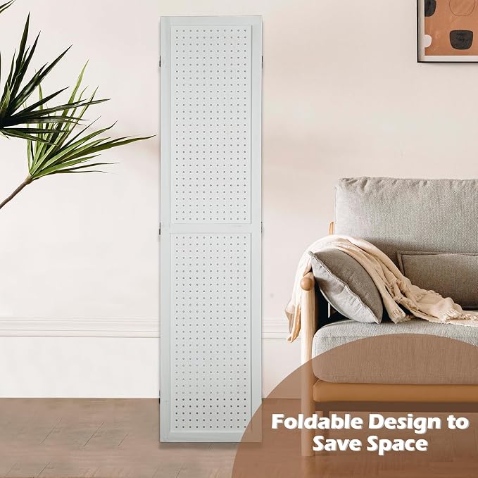 4 Panel Pegboard Room Divider | White Wood Folding Privacy Screen - Image 7