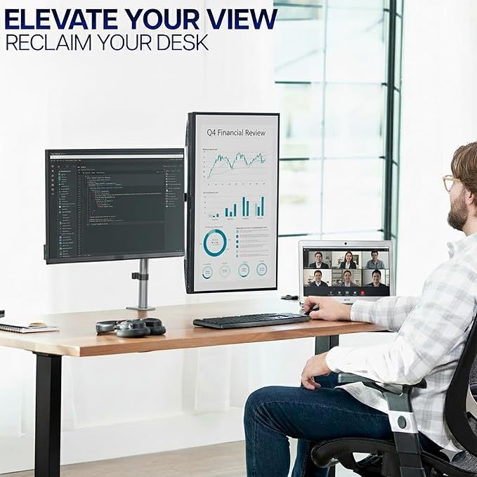 VIVO Dual Monitor Desk Mount, Heavy Duty Fully Adjustable Steel Stand, Holds 2 Computer Screens up to 30 inches and Max 22lbs Each, Gray Color, STAND-V002-GY